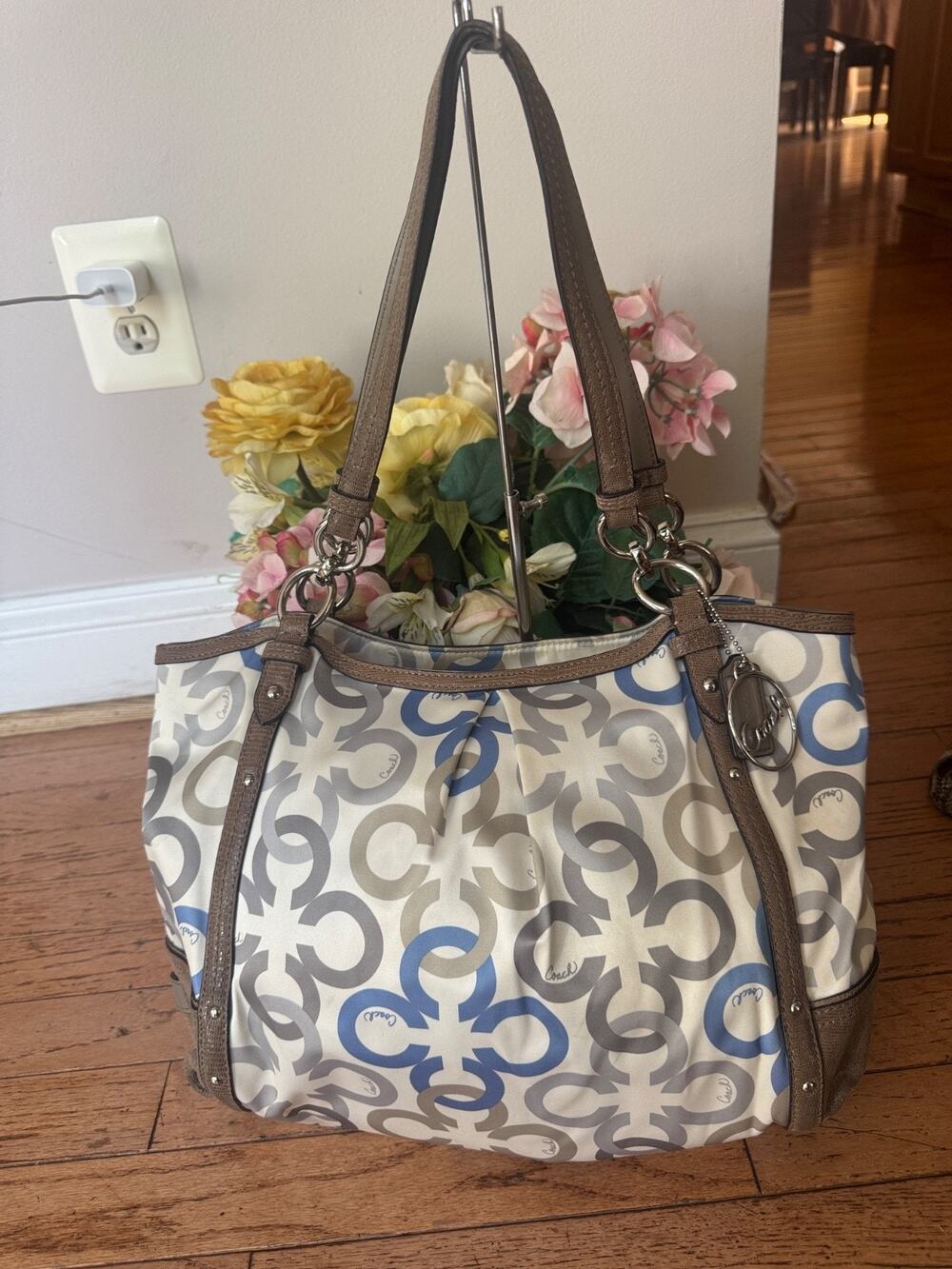 COACH Alexandria Signature Beige Blue Satin Leather Hobo Handbag F20806 (180